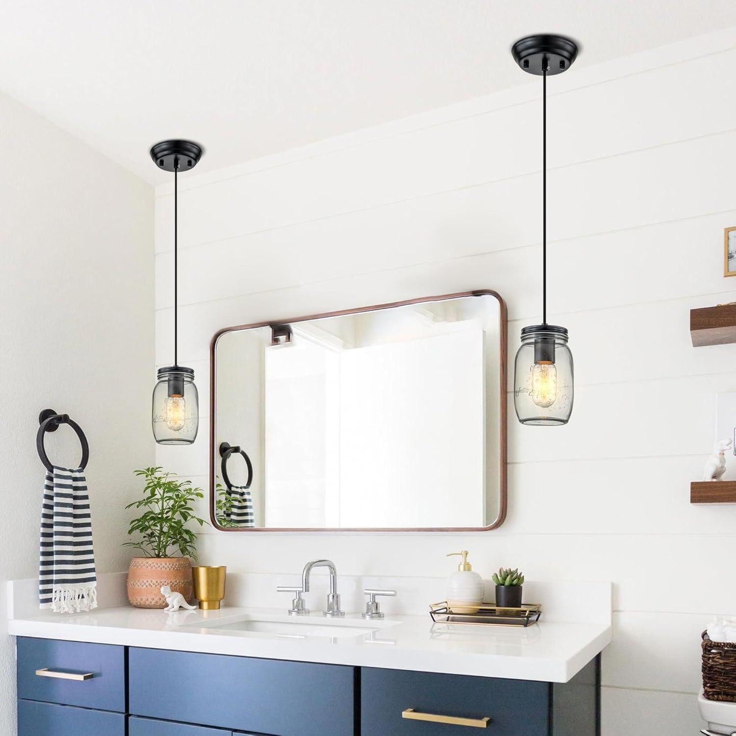 Kitchen Island Light, 1 Lights Adjustable Pendant Lighting, Glass Mason Jar Hanging Lamp(2 Pack)
