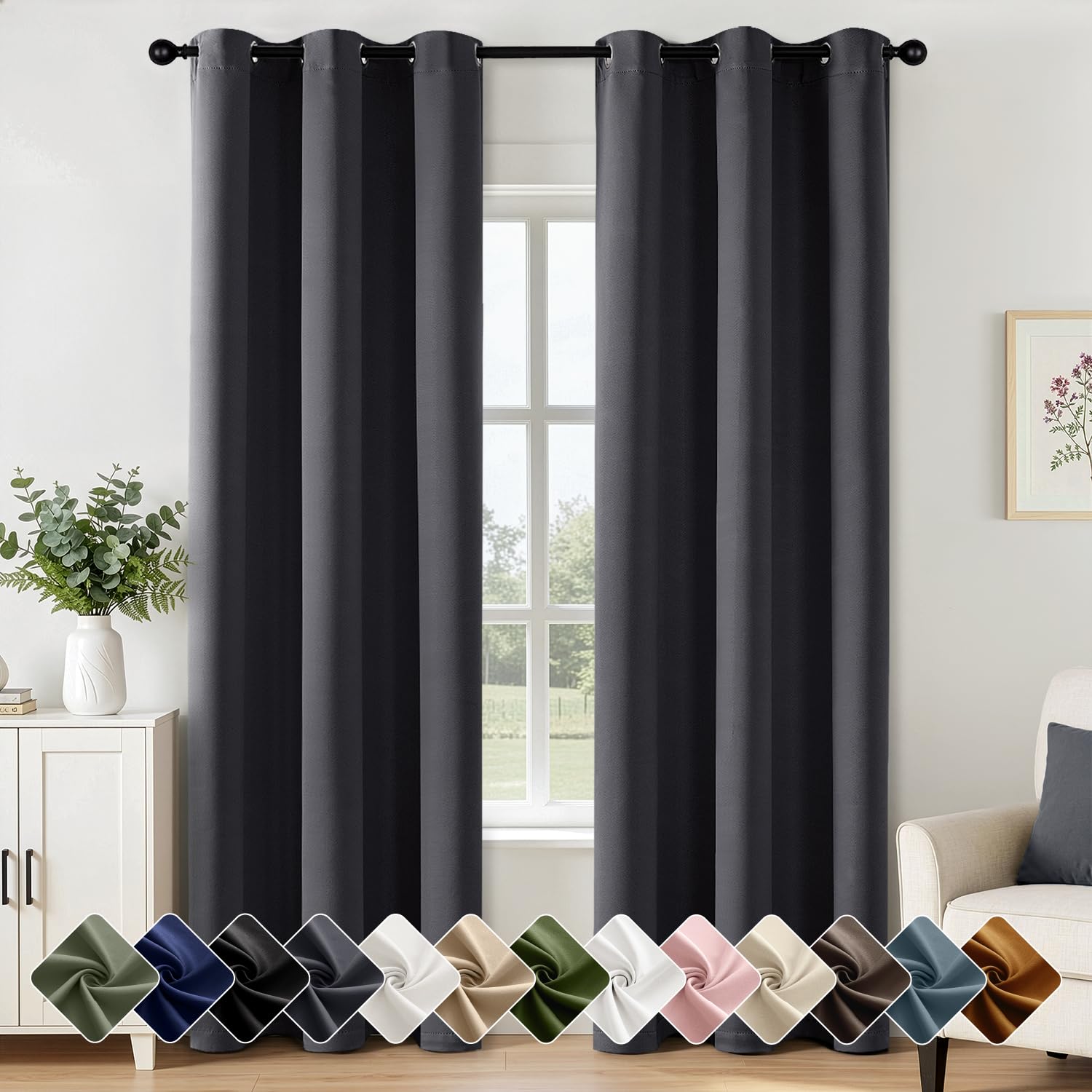 Dark Grey Blackout Curtains for Bedroom Living Room W40 x L84 Inch
