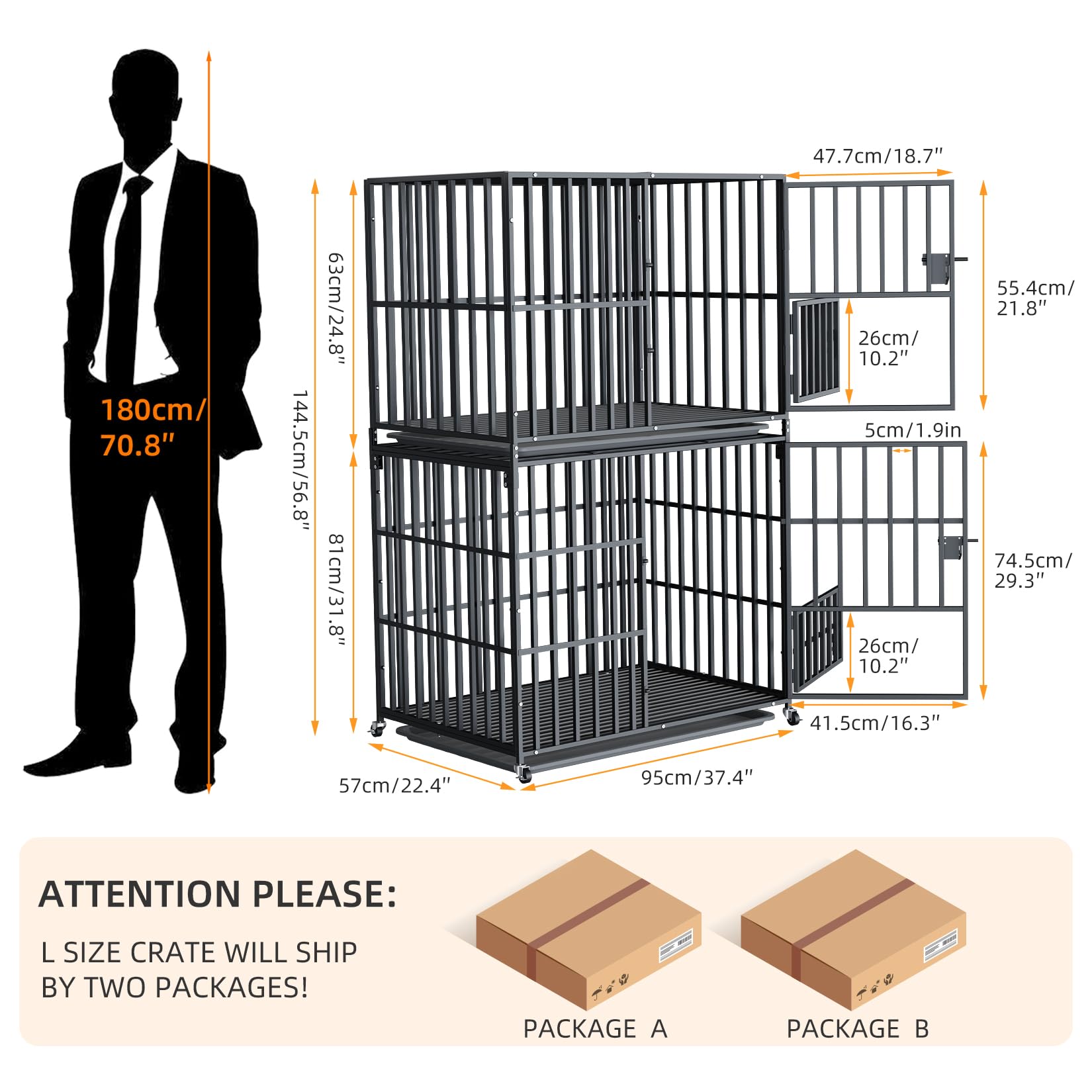 BingoPaw Cage Chien Interieur Solide: Caisse de Transport Double sur Roulette Grande Taille - Cages Deux Niveaux Robuste Extérieur pour Grand Chiens en Métal avec 2 Plateau Amovible 95x57x144.5cm
