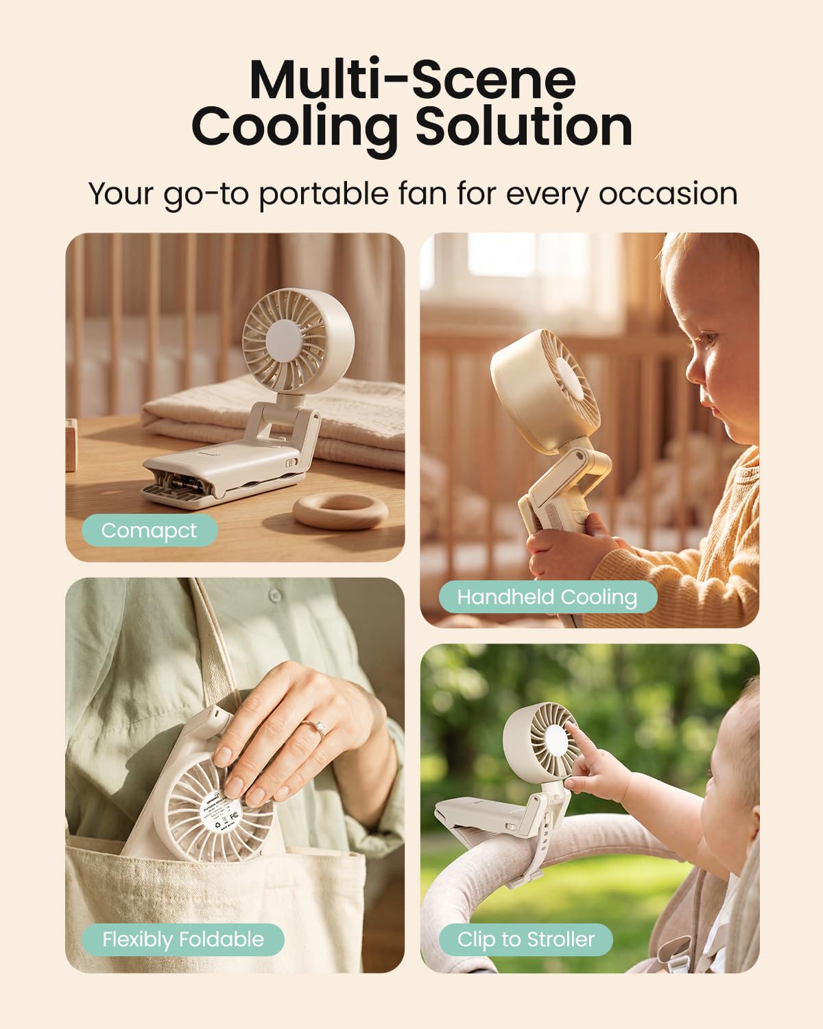 GROWNSY Ventilatore portatile per passeggino, ventilatore palmare Beige