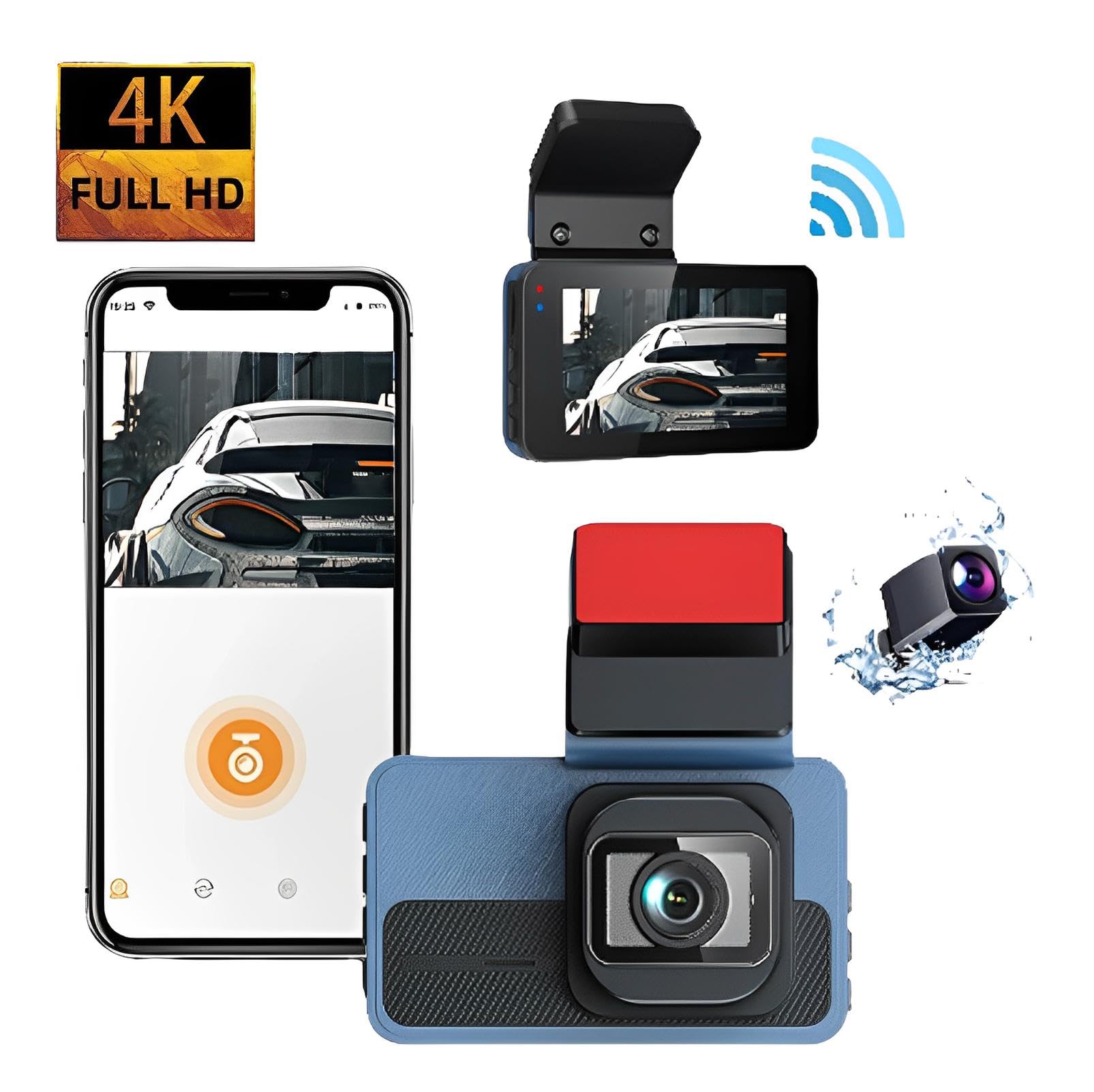 Cámara de salpicadero delantera y trasera, cámara dual para coche 4K, 5 GHz, WiFi GPS, pantalla táctil IPS de 3 pulgadas, 64 GB, visión nocturna, gran angular de 170°, modo de estacionamiento 24H