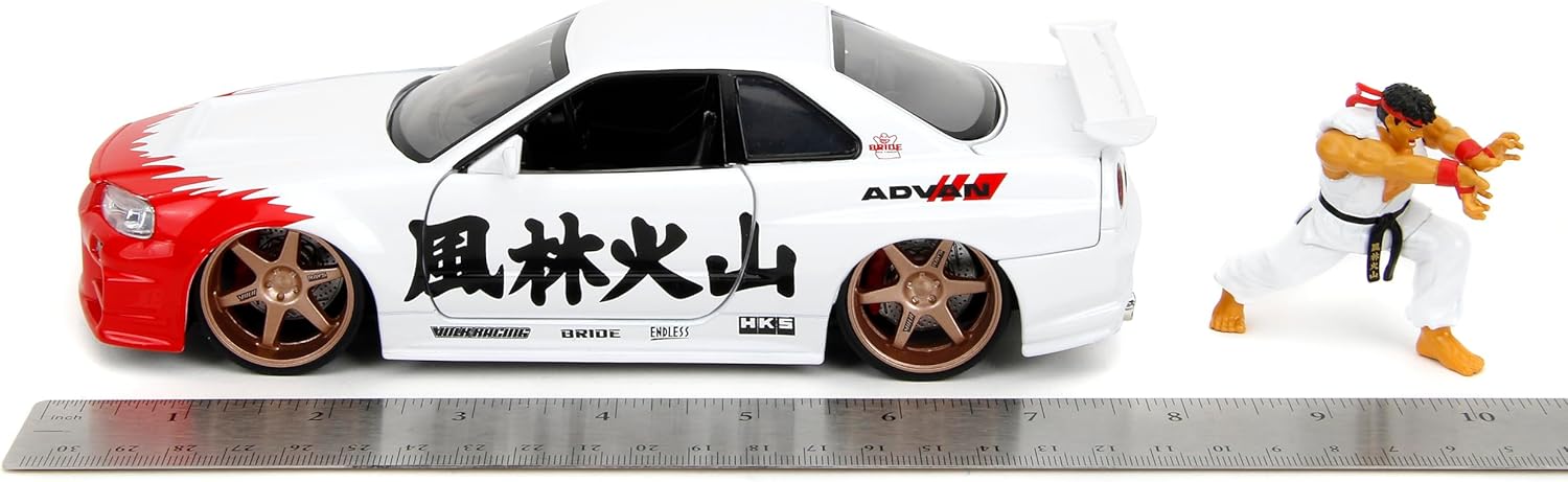 Jada Street Fighter 2002 Nissan Skyline GTR with Ryu Figure – 1:24 Scale Die-Cast, Opening Doors, Hood, Trunk, Rubber Tires – Collectible for Adults and Kids – Capcom Licensed