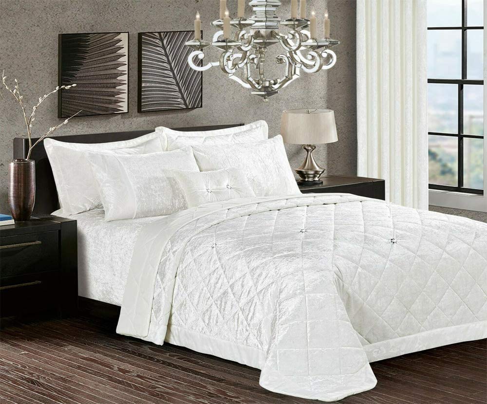 Householdfurnishing 3 Piece Crushed Velvet Bedspread/Comforter with pillow Shams (Santiago/White, King)