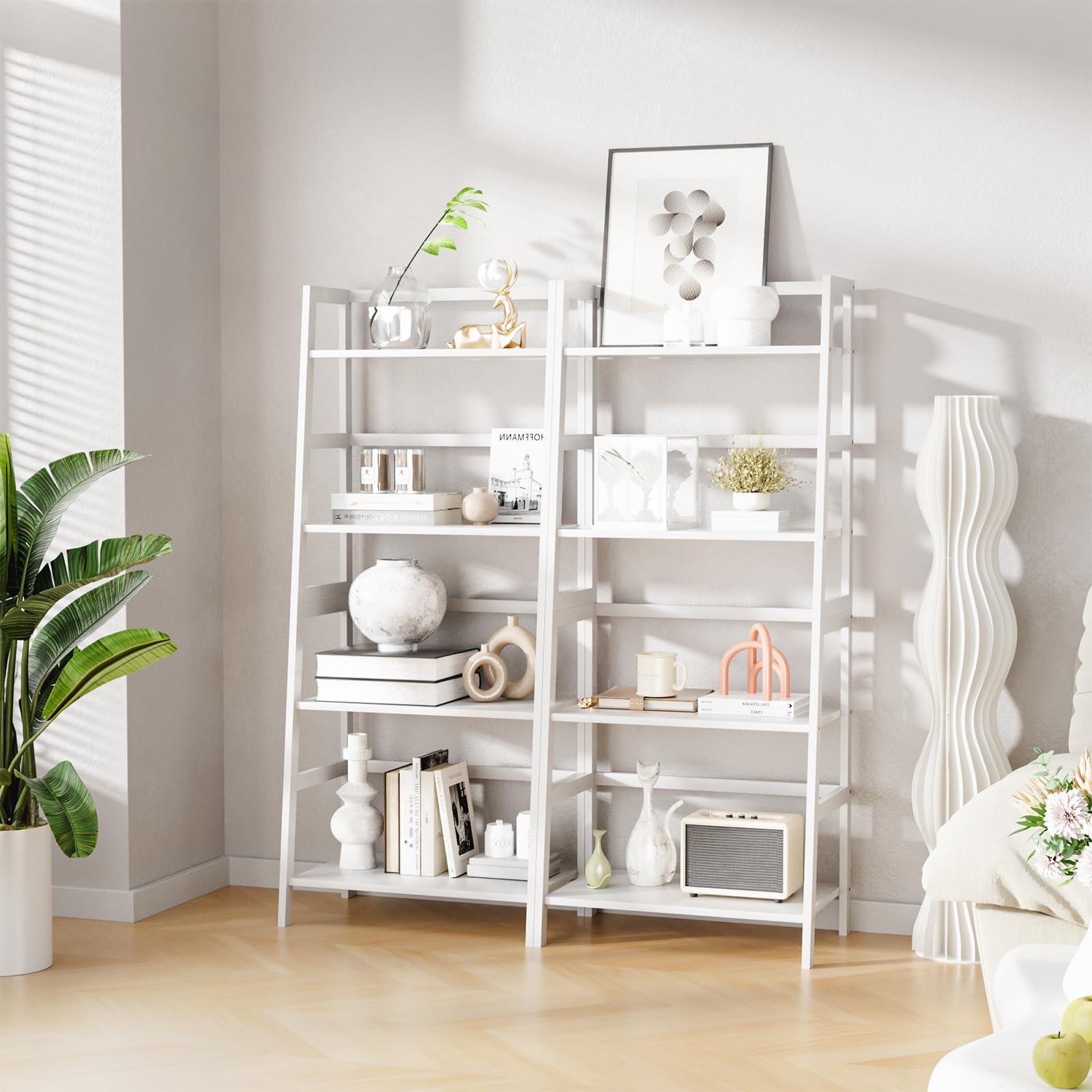 HITNET Scaffale a scala, Libreria in bambù a 4 livelli Indipendente Scaffale portaoggetti da pavimento per Bagno Cucina, Bianco