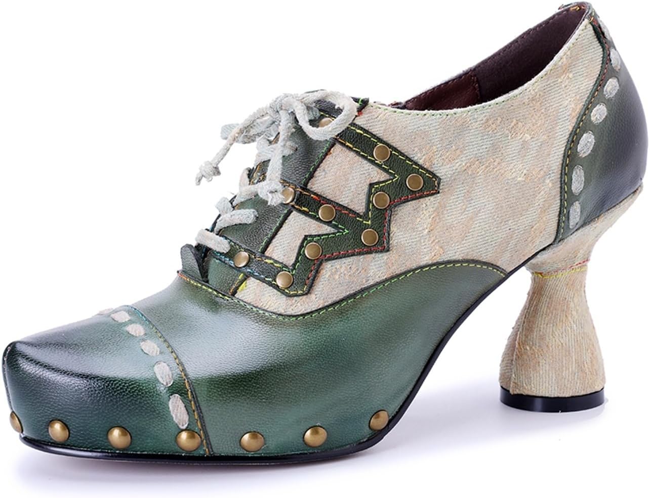 Handmade Vintage Victorian Pumps for Women Rivet Floral Curved Heel Punk Style Shoes