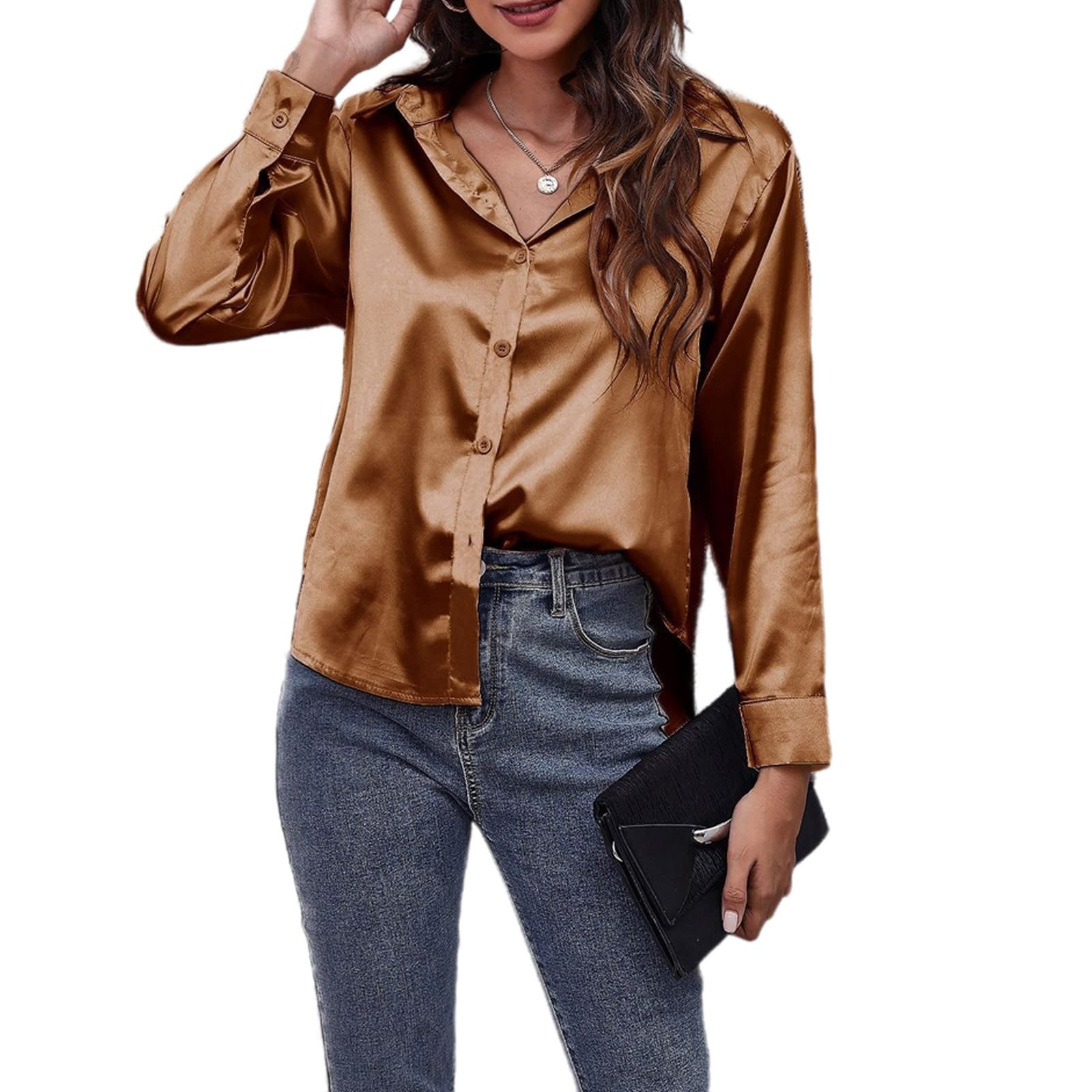 Jarseila Blusas de Mujer Elegantes Satinada Blusas Camisas Informal para Mujer con Cuello en V Botones Top Fiesta Casual Blusa Color Liso