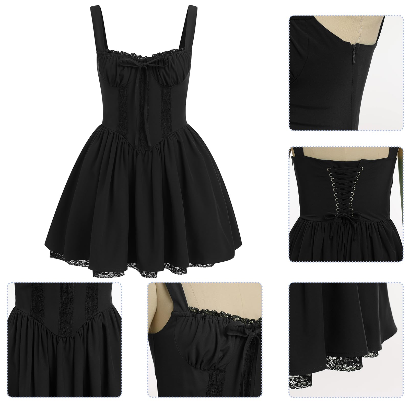 Women's Short Corset Sundress Boho Mini Dress Sleeveless Backless Low Cut Lace Dress Summer: Small Black