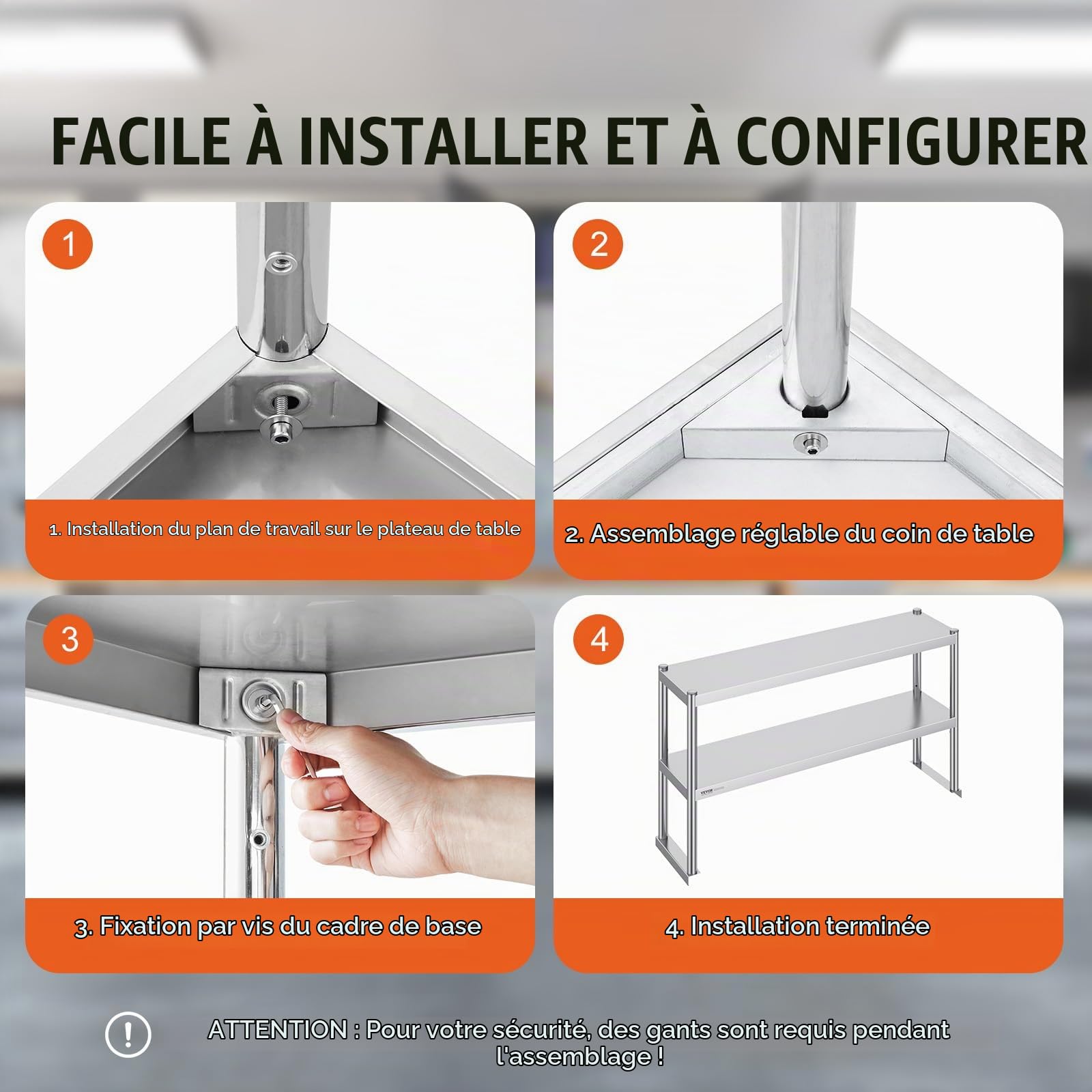 VEVOR Table de Travail en Acier Inoxydable, Étagère à Deux Niveaux 30,5 x 121,9 x 60 cm, Table de Préparation des Aliments à Hauteur Réglable, pour Cuisine, Restaurant et Atelier