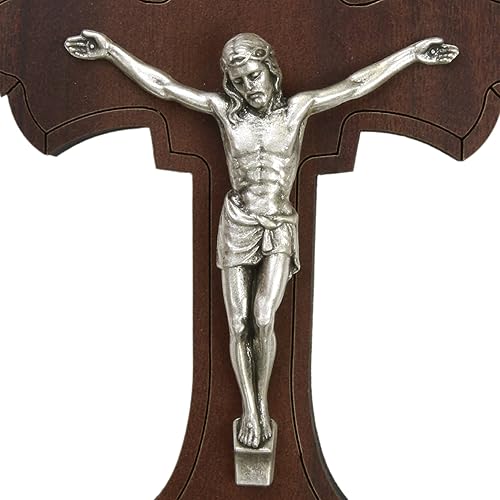 Miniatura 3 de Needzo Crucifijo de pared de madera con centro de peltre, decoración religiosa para el hogar u oficina para paredes, estantes, mesas o escritorios y
