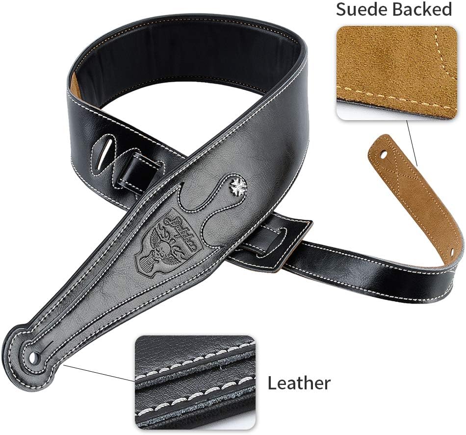 Leather Guitar Strap, 3.15" Genuine Leather Guitar Strap with Suede & Leather Lined for Bass, Electric Guitar and Acoustic Guitar (Black)