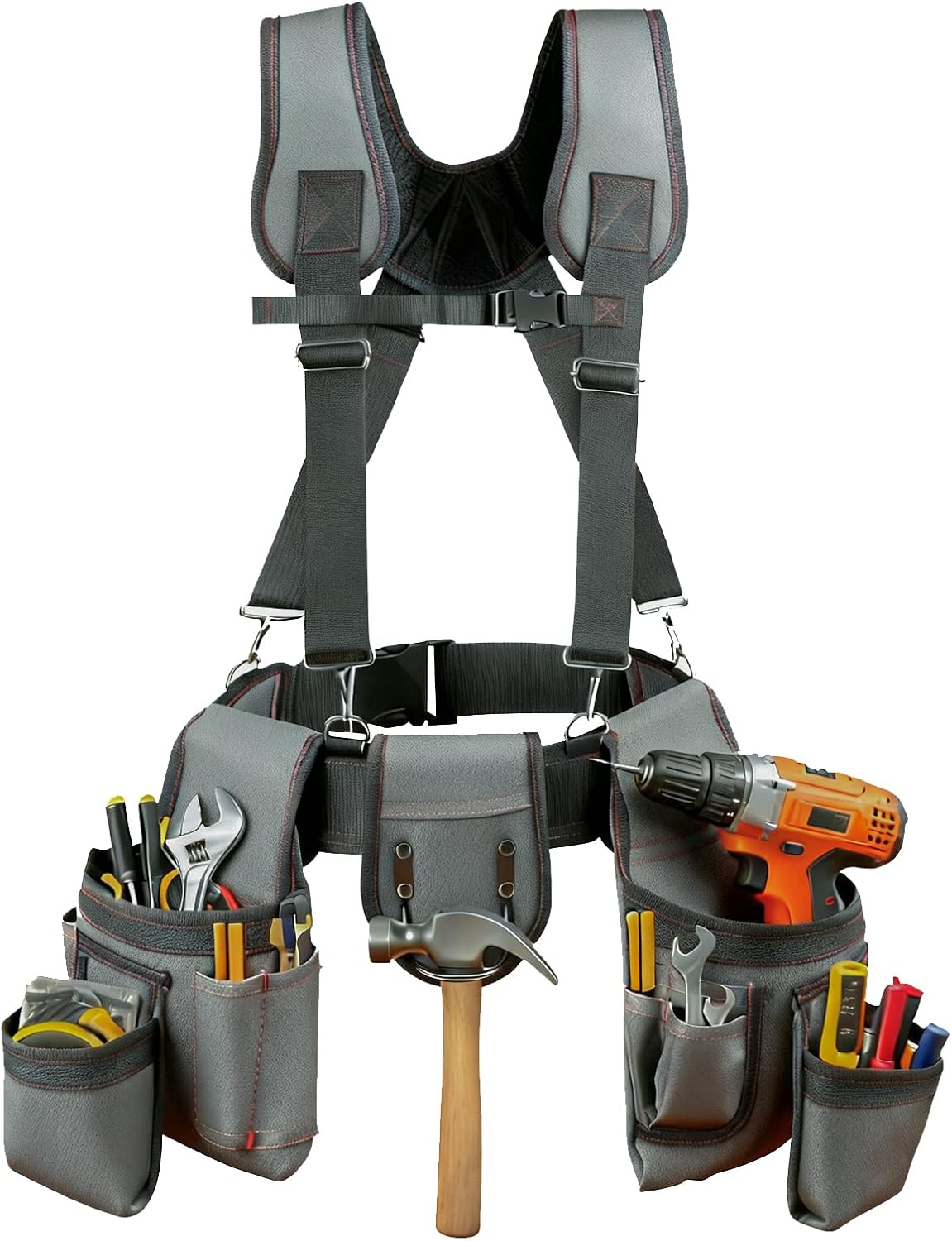 Tool Belt with Suspenders for Men Tool Belt Pouch Kit Bags with Adjustable Waist & Pockets for Electricians Carpenters Gardeners Construction Workers Multiple Pocket with Hammer Loop