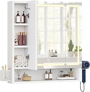 YITAHOME Spiegelschrank Bad mit Beleuchtung, 3 Türen LED Badezimmer Spiegelschrank, Steckdosen, Hängender Badezimmerschrank, Wandschrank, Badezimmerspiegel, 70W x 15D x 75H cm, Weiß