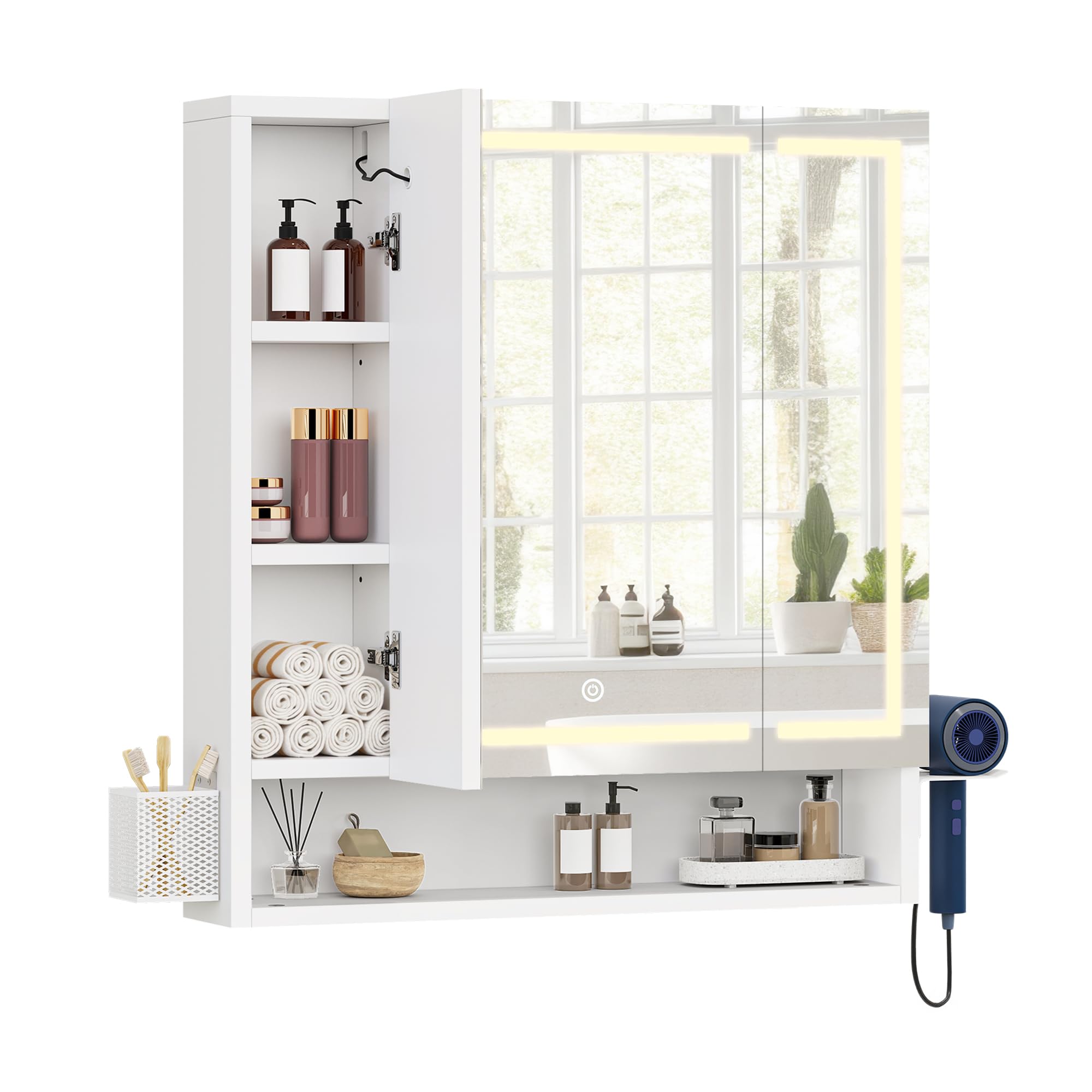 YITAHOME Spiegelschrank Bad mit Beleuchtung, 3 Türen LED Badezimmer Spiegelschrank, Steckdosen, Hängender Badezimmerschrank, Wandschrank, Badezimmerspiegel, 70W x 15D x 75H cm, Weiß