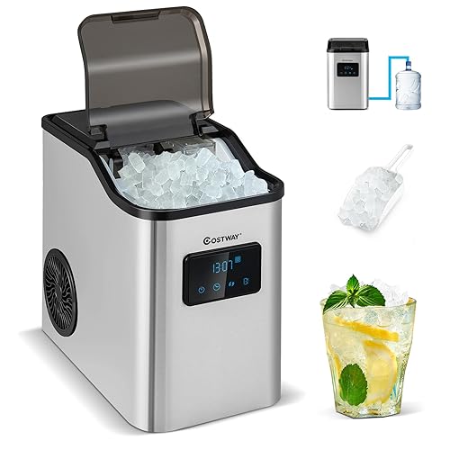 COSTWAY Nugget Ice Maker Countertop, 60 Lbs24H, Pebble Ice Machine with Self-Cleaning Function, 2 Ways Refill Water, 24H Timer, Stainless Steel,