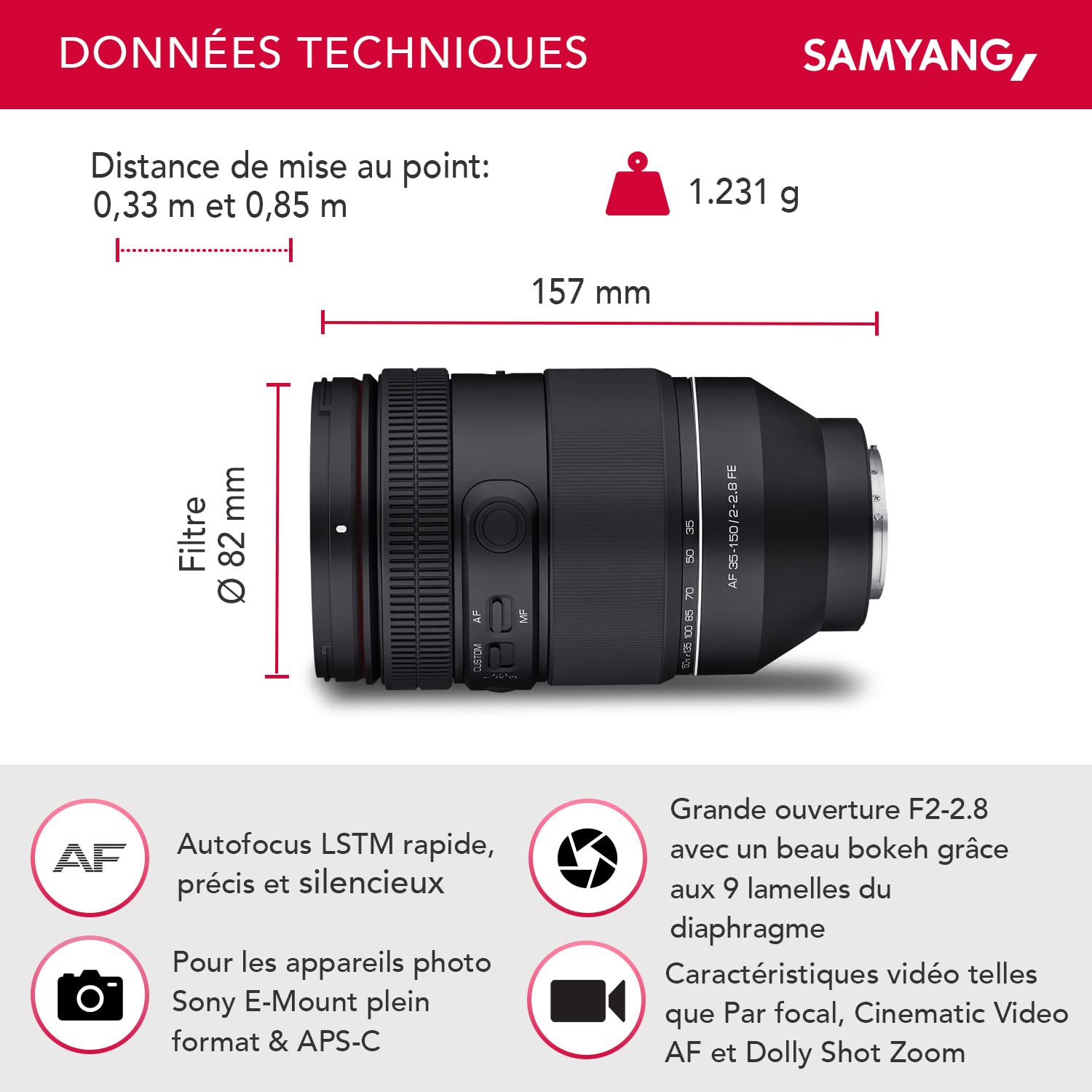 Samyang AF 35-150mm F2,0-2,8 FE pour Sony E - Objectif zoom tout-en-un avec par focal, AF vidéo cinématographique, zoom Dolly Shot, commutateur personnalisé, protection contre les intempéries