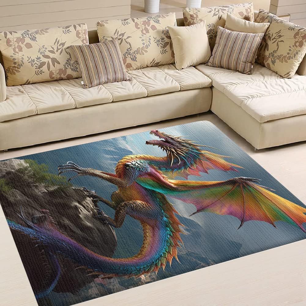 Cute Dragon Rug For Boys Girls Room - Rainbow Dragon Area Rug, Dragon Rugs for Bedroom, Printed Dragon Rugs, Cool Dragon Rug Non Slip for Living Room, Soft Outdoor Large Dragon Rug 5x8 Washable
