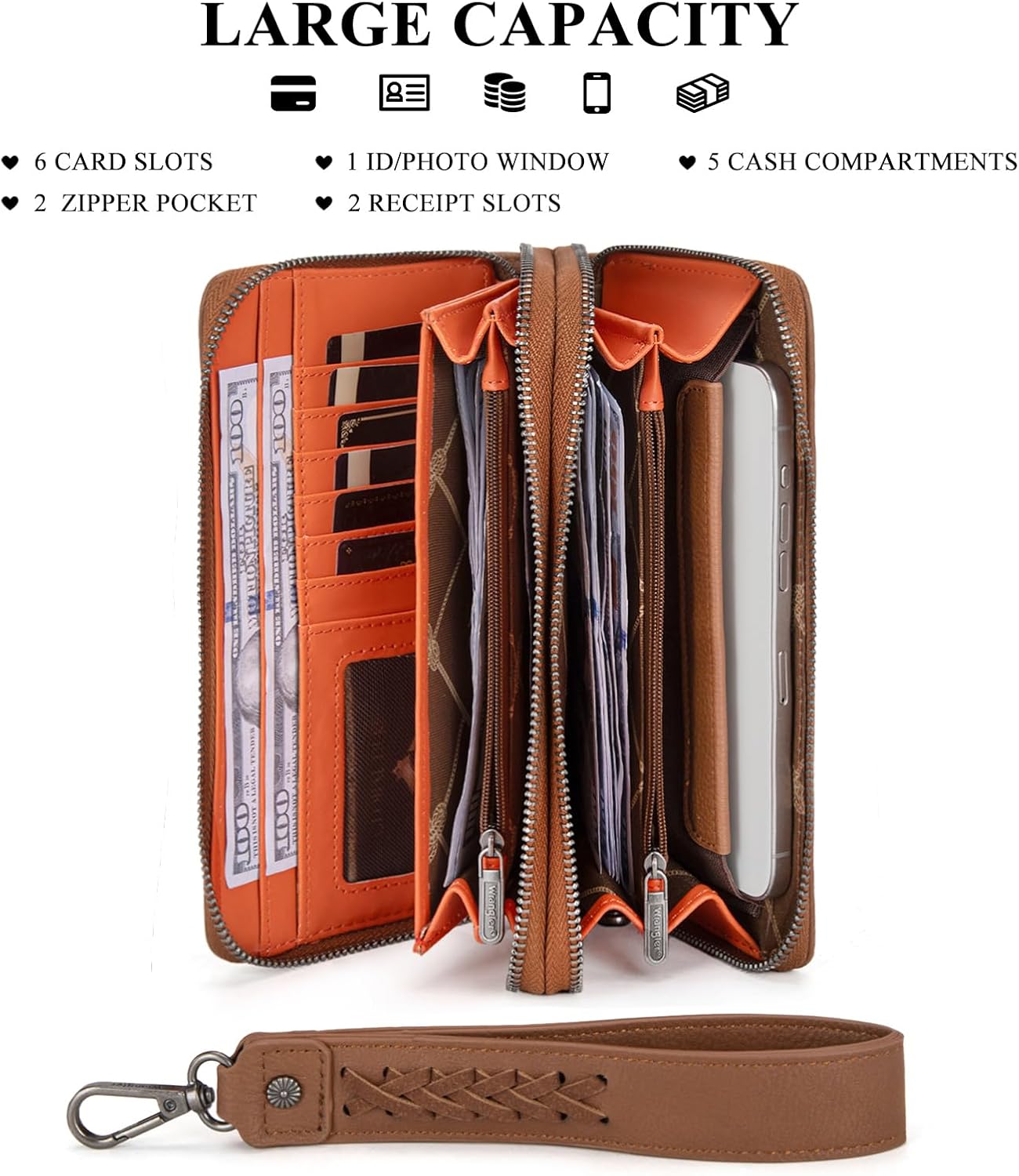 X Wrangler Brown Wallet for Women Large Capacity Double Zipper Pocket Wallet with Rfid Blocking Oversized Clutch For Ladies Female - Image 3