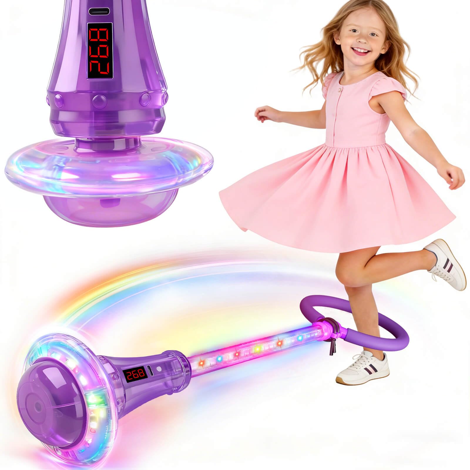 Toys for Girls 5 6 7 8 9 10 11 12 Year Old: Ankle Skip Ball for Kids with Counter Time Distance Gifts for 3-8 Years Old Girl Birthday Presents Christmas Rechargeable Flash Wheel Sports Toy (Purple)