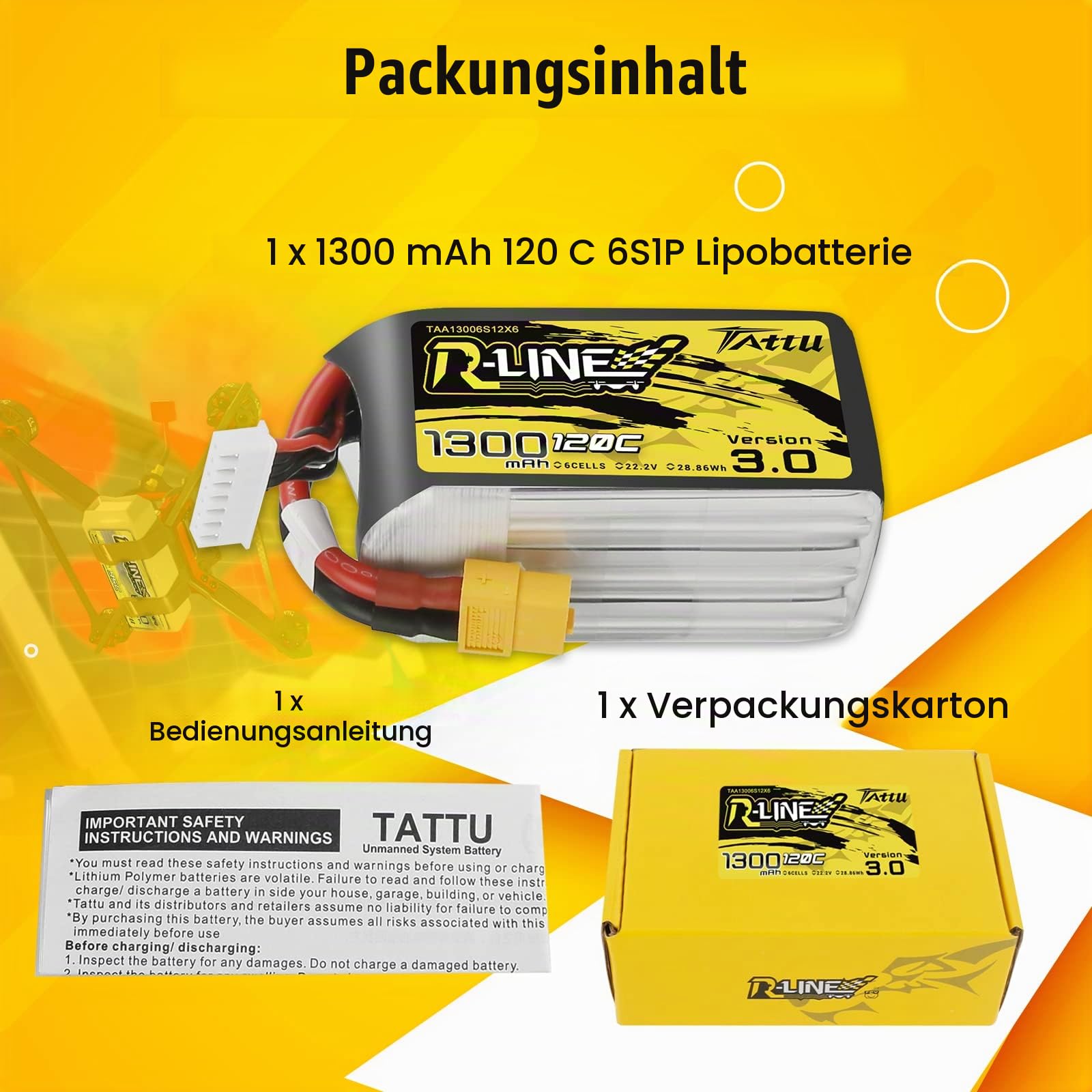 Tattu Lipo 6S RC Akku 22.2 V 1300 mAh 120C Softcase XT60 Akku mit XT60 Stecker für RC Car Boat Truck Truggy RC Hobby
