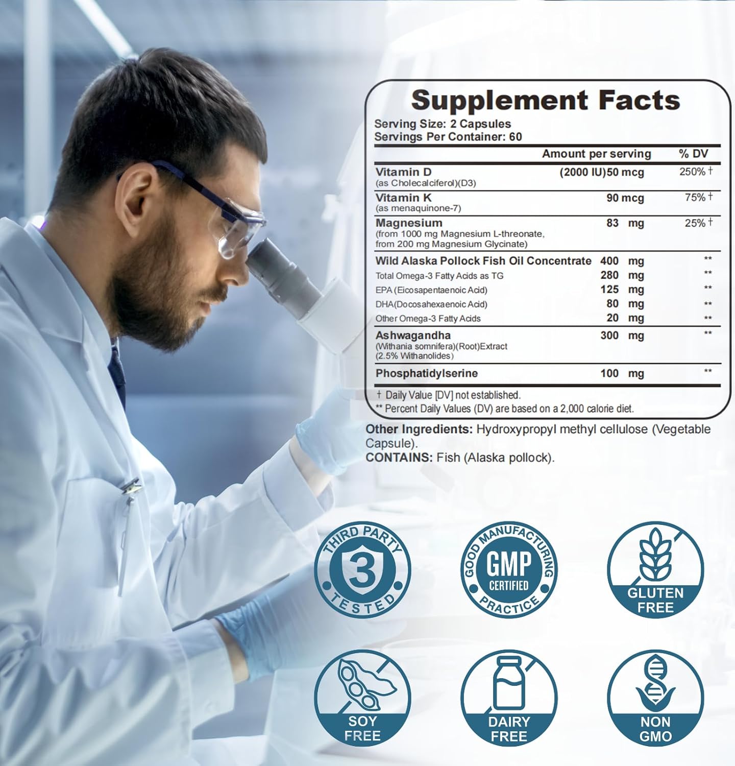 Magnesium L-Threonate, 2000mg Magnesium Supplement - Non-GMO, Gluten-Free, 120 Capsules