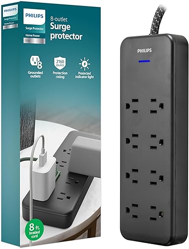 Vista 8 de Philips Grifo de sobretensión todo en uno con USB, 4 tomas de tierra y 4 polarizados, 2 puertos USB-C y 1 USB-A, 15 W compartidos, 1140 julios