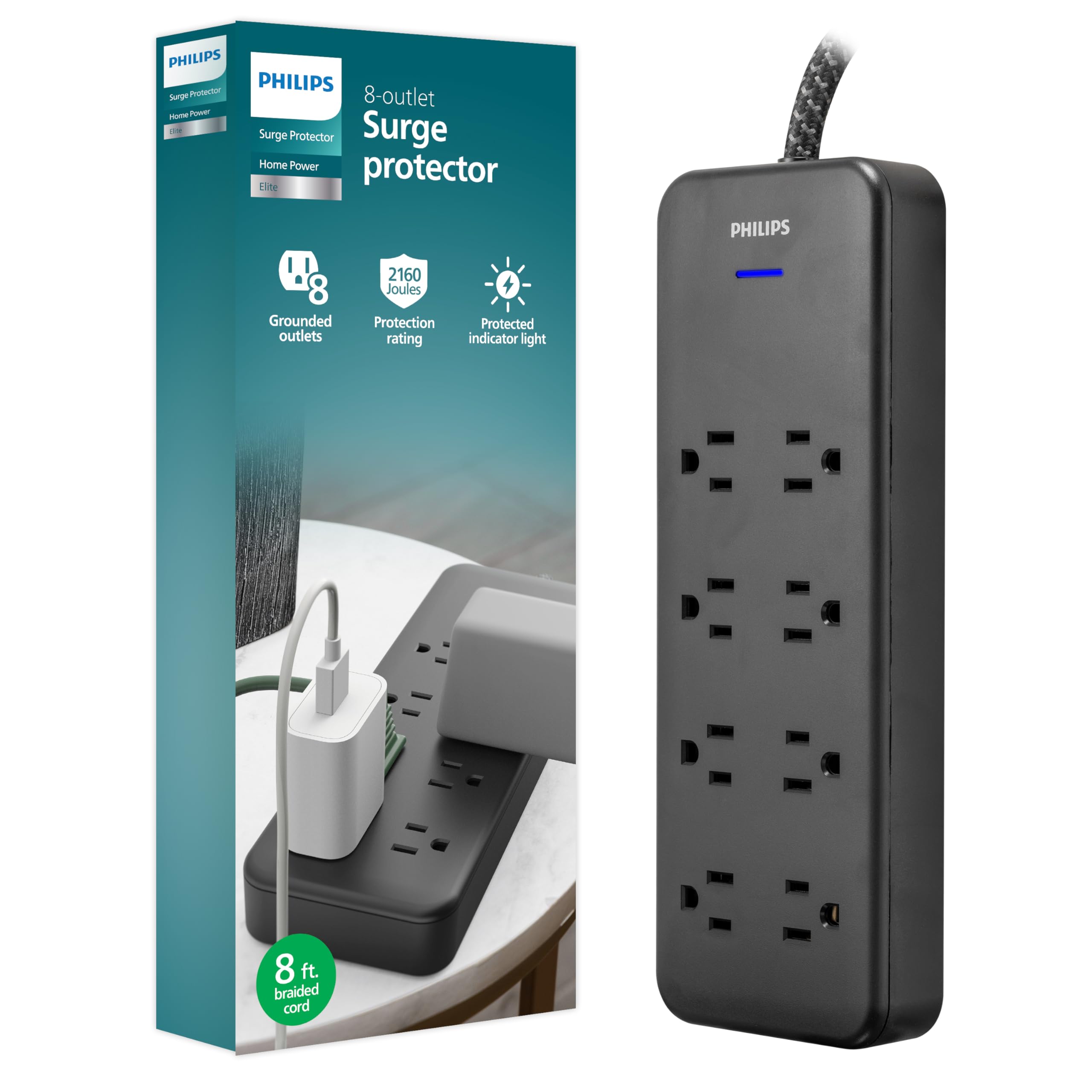 Philips EZFit 8-Outlet Surge Protector Power Strip, 8 Ft Braided Extension Cord, Widely Spaced Outlets, Flat Plug, for Home Office Dorm Essentials, 2160 Joules, Black, SPP3673B/37