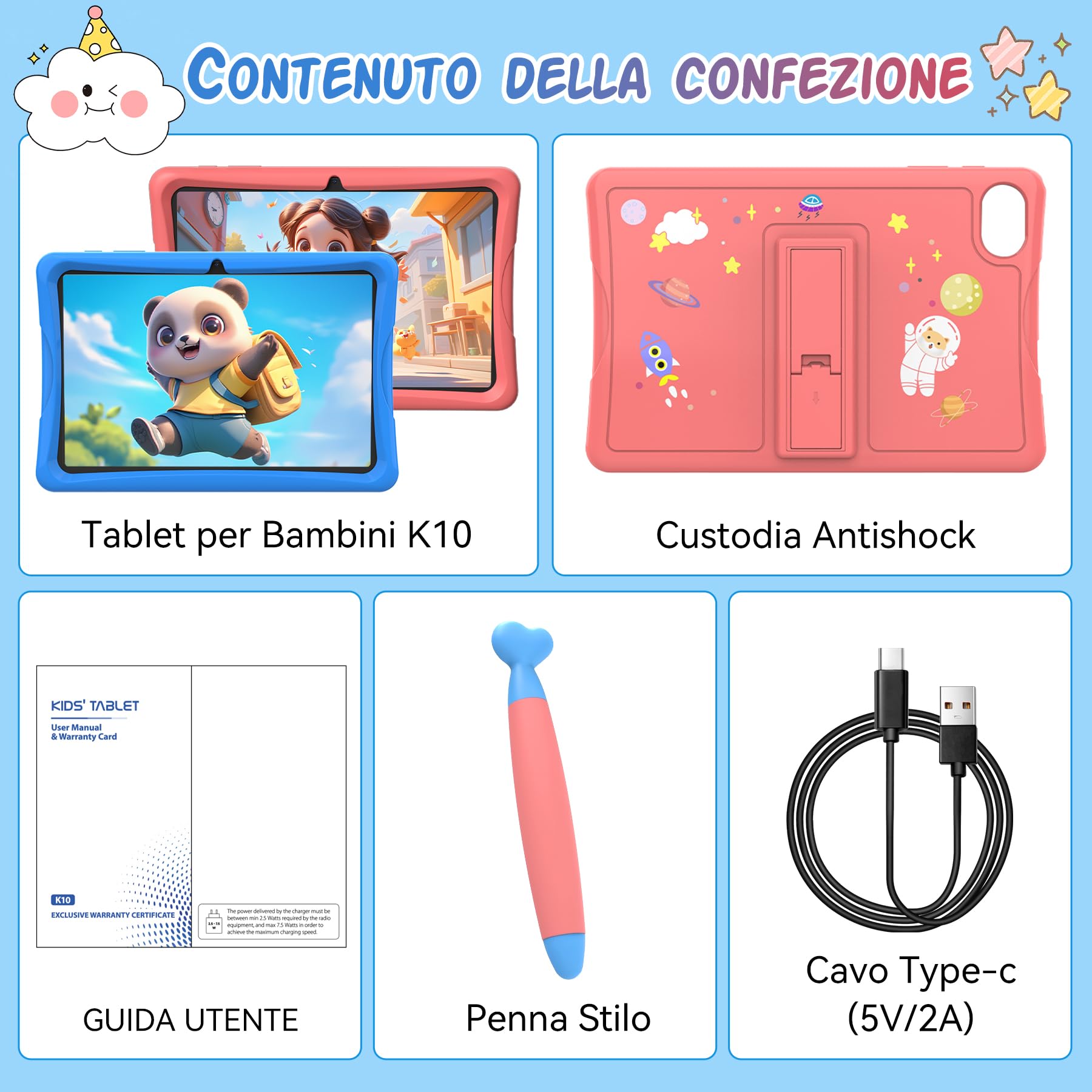 TABWEE K10 Tablet Bambini 10 pollici, 12 GB RAM + 64 GB ROM (TF 2 TB) | Android Tablet Educativo con Controllo Parentale, Google Kids Space, WiFi 6, Schermo Anti-Luce Blu, Custodia - Blu