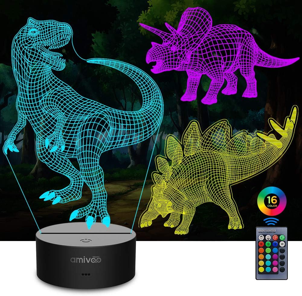 amivoo 3 in 1 Dinosaur 3D Night Lights for Kids 16 Colors Changing Dimmable Bedside Lamp with Remote Control, Dinosaurs Toy Cool Gifts for Kids Boys Girls (T-rex+Triceratops+Stegosaurus)