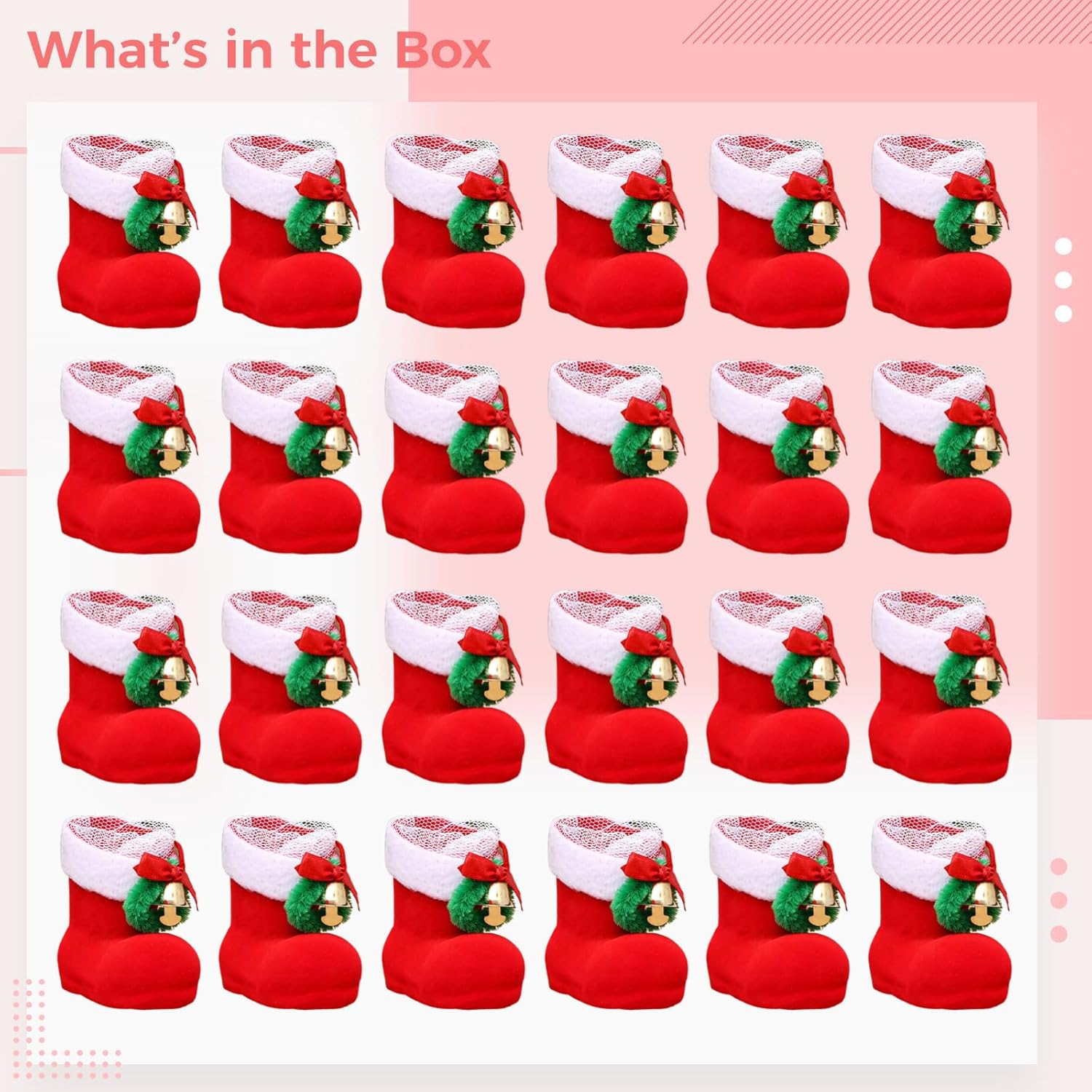 24 Mini Christmas Santa Boots with Bells, Red Plush Stockings, 2.4 X 1.6 X 2.4 Inch, Ornaments for Holiday Party, Tree, Home, Office Table Decor