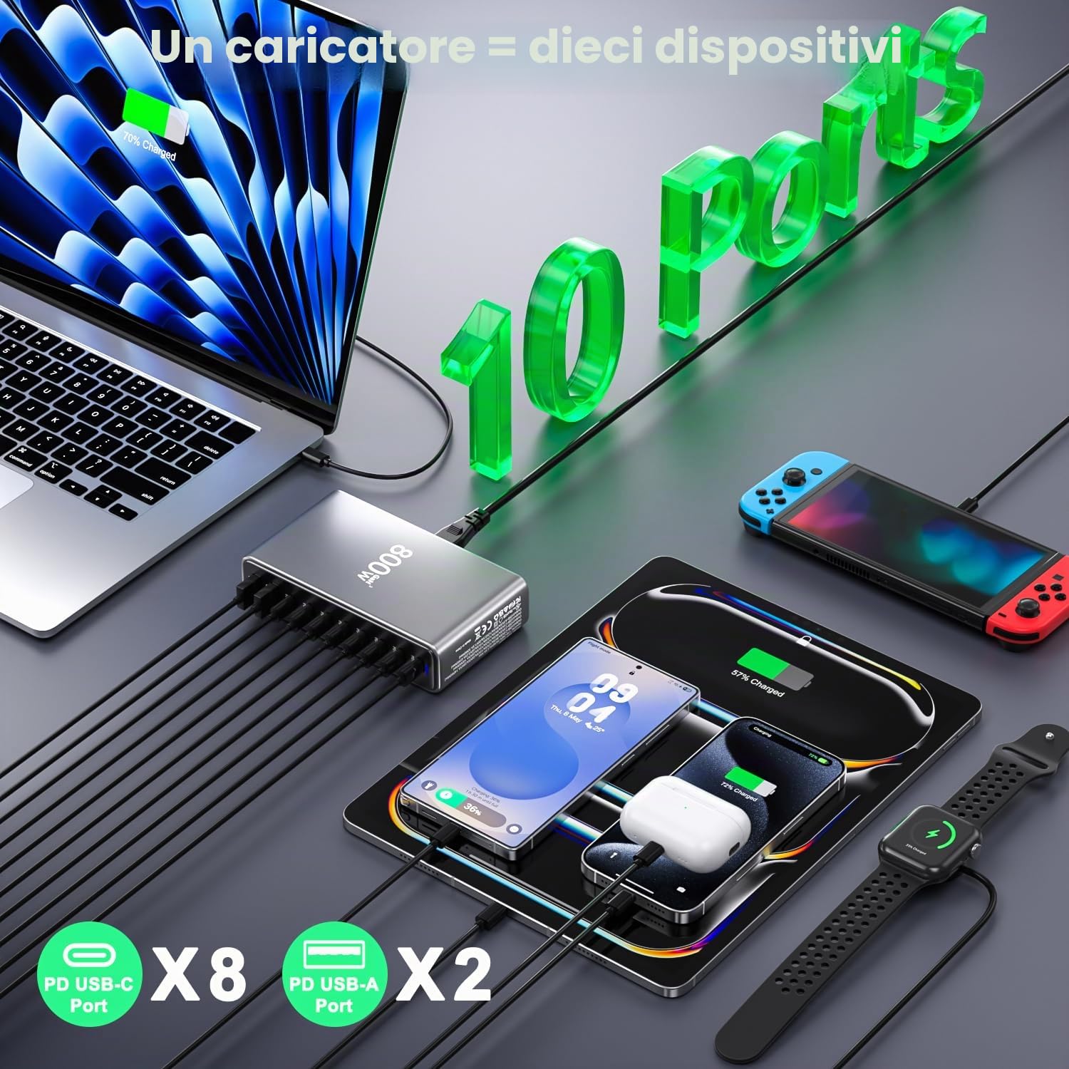 Caricatore USB C da 800 W, GaN a 10 porte caricatore rapido caricatore PD compatibile con MacBook Pro/Air/Dell/iPhone/Galaxy/Laptop/Tablet/Mobile