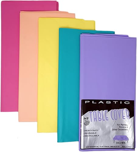 New Paradise Fundas de mesa desechables y reutilizables de plástico resistente, tamaño rectangular de 54 x 108 pulgadas (5 unidades) - Combo de