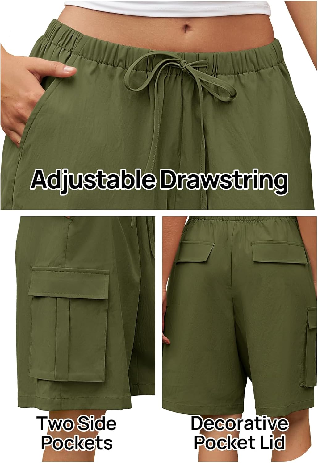 MEROKEETY Women's Summer Casual Cargo Shorts Elastic Waist Drawstring Hiking Bermuda Shorts with Pockets - Image 5