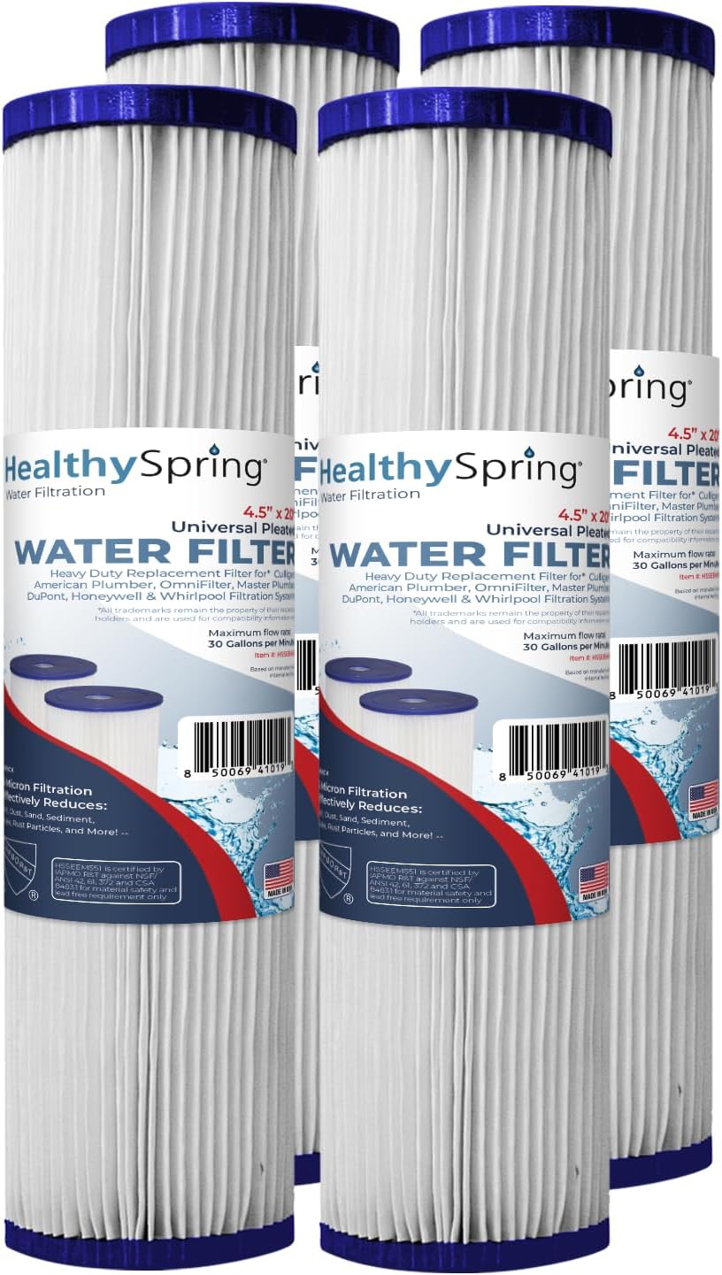 High Performance, 20 Inch Whole House Pleated Water Sediment Filter Replacement 5 Micron Water Filter Cartridge Compatible with ECP5-20BB, SPC-45-2005, Made in USA, 4-Pack