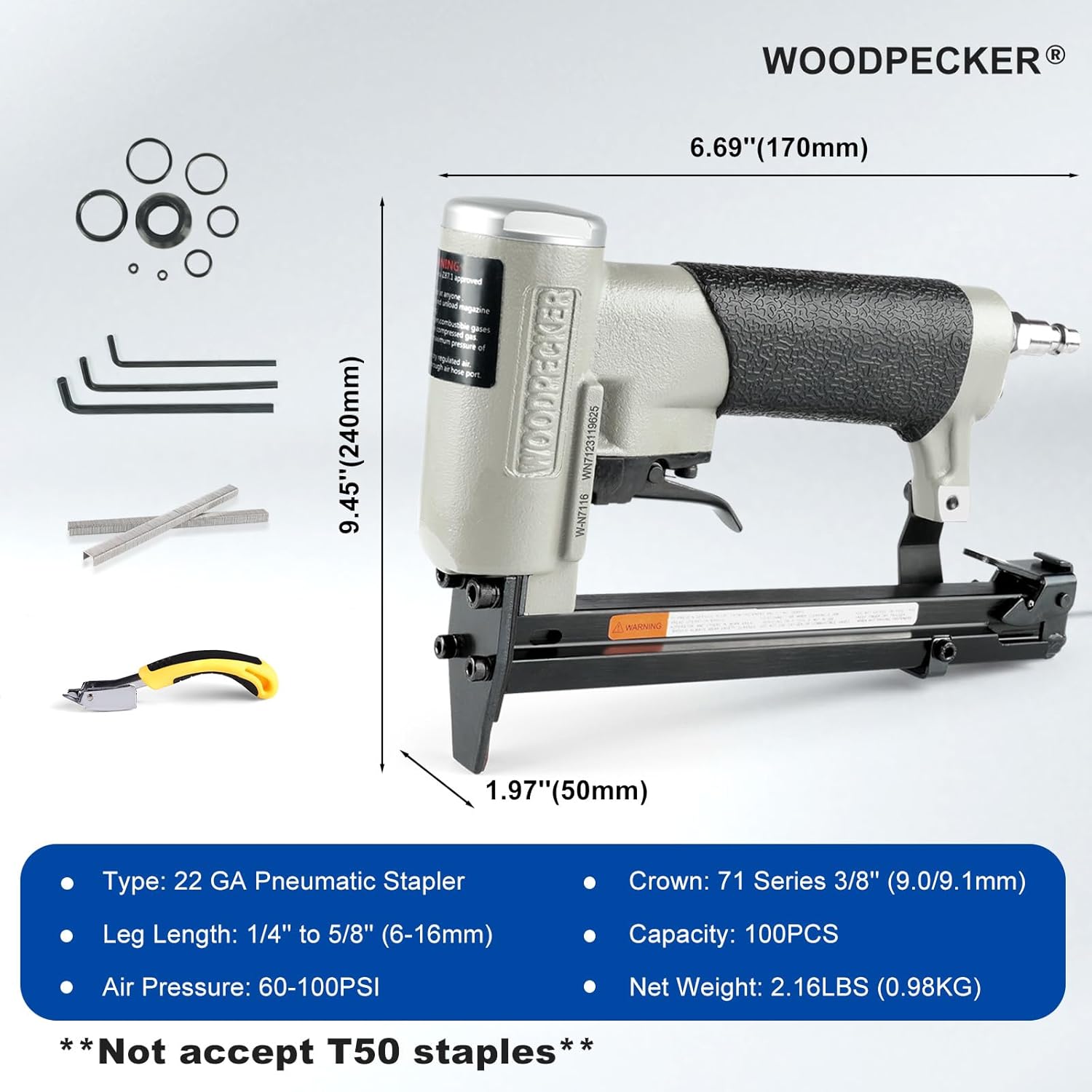 WOODPECKER N7116 Upholstery Stapler 22 Gauge 3/8-Inch Crown Pneumatic Upholstery Staple Gun 71 Series Air Power Fine Wire Stapler Gun