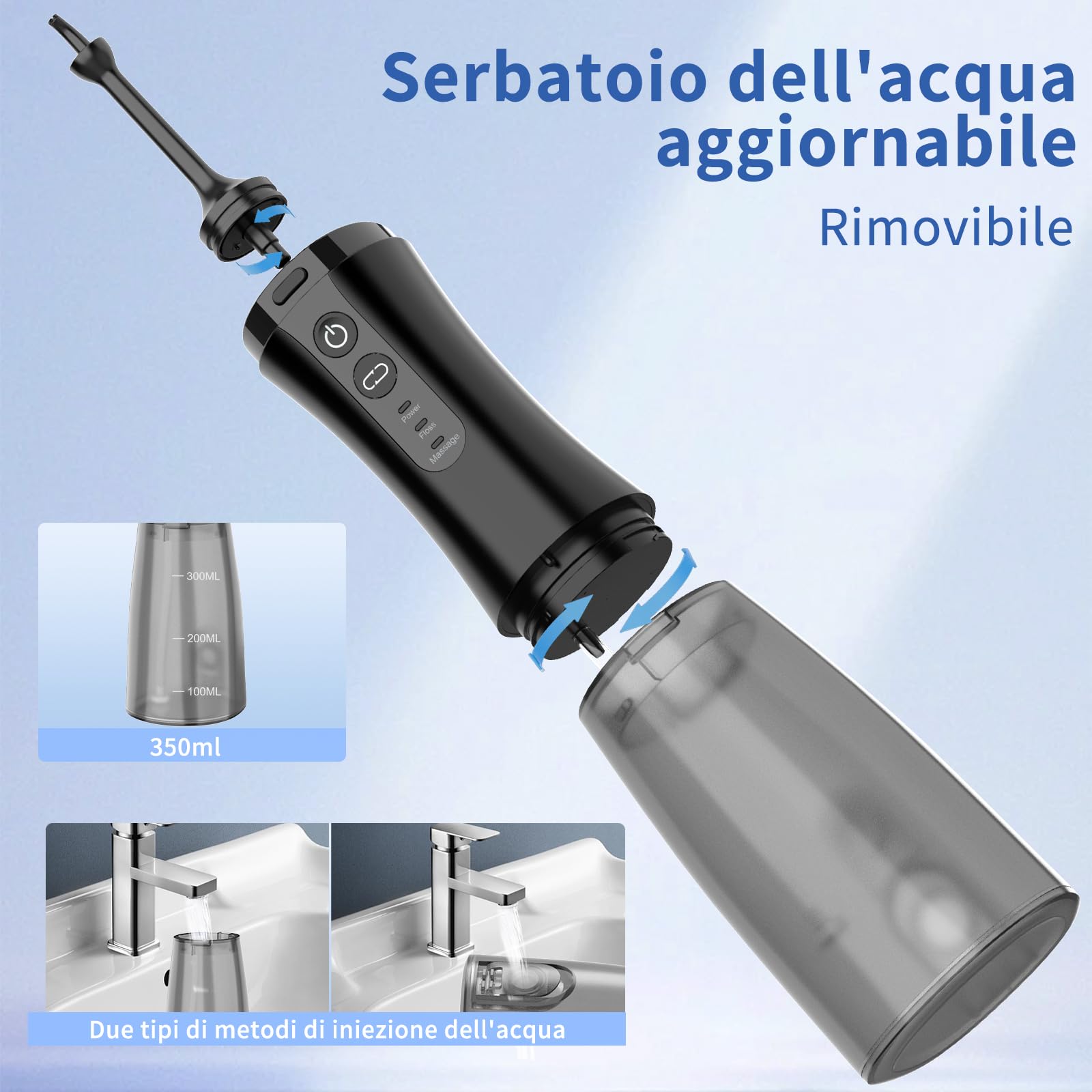 Visivo Irrigatore Orale Senza Fili, Idropulsore Dentale ad Acqua con Irrigatore Orale Dentale Ricaricabile Impermeabile IPX7 per Viaggi a Casa (Nero)