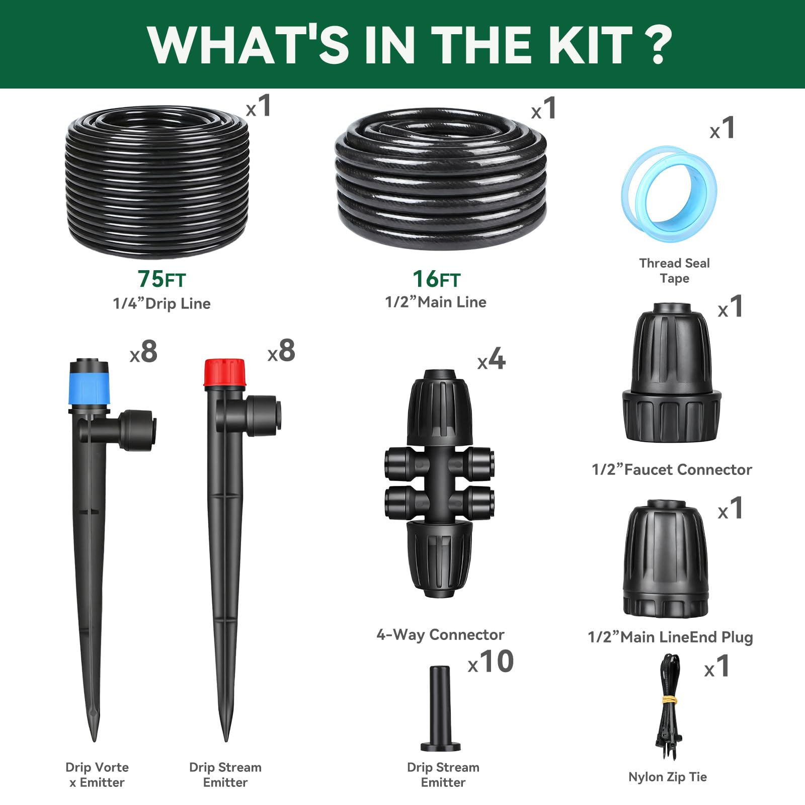 Kit sistema di irrigazione a goccia per giardino (tubo principale da 4,6 m + tubo da 1,9 m da 1/4")