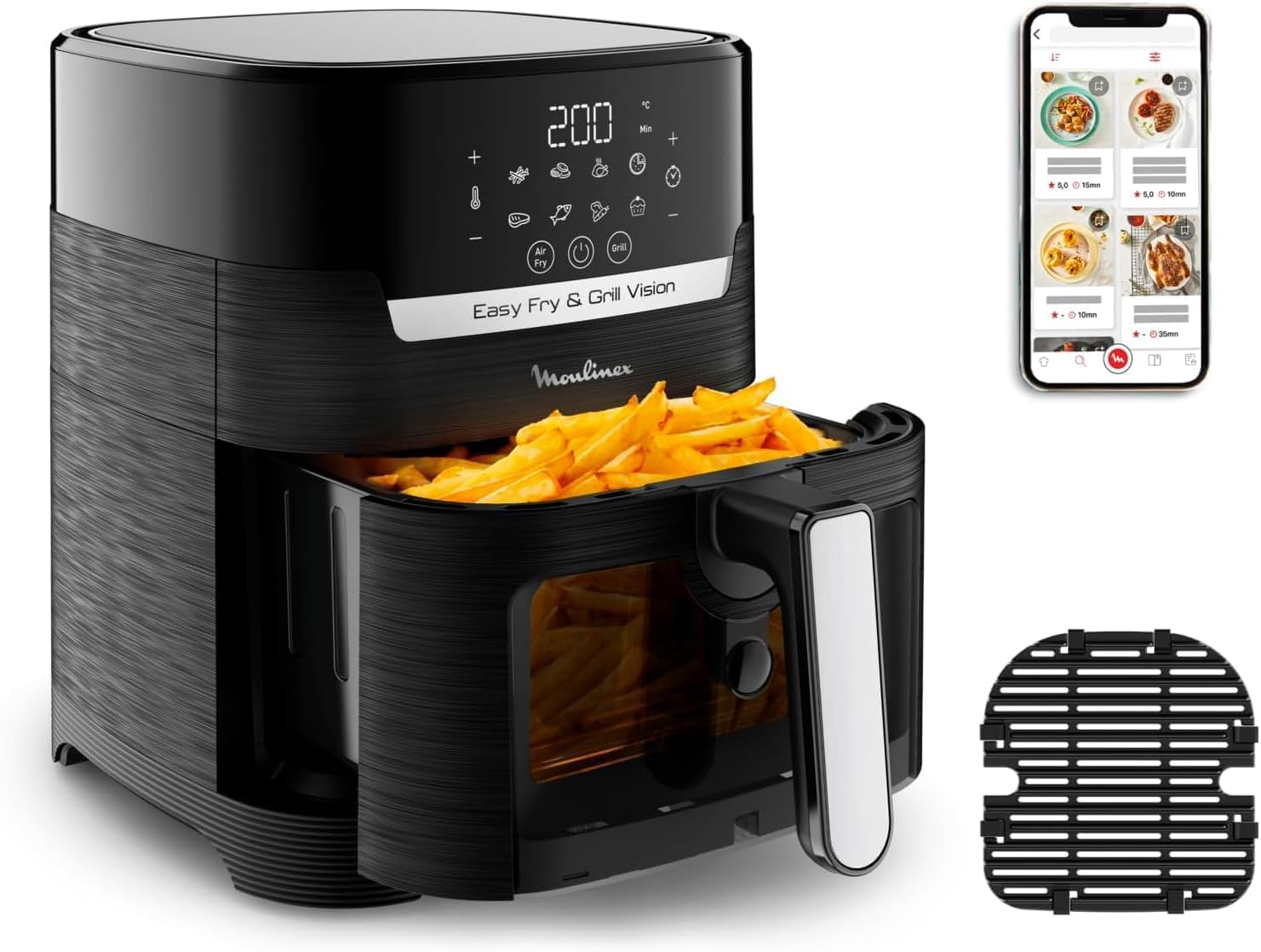 Moulinex Easy Fry & Grill Vision 4.2 L – Freidora de aire y grill con ventana, ahorro energético 70%, cocina rápida, 10 funciones, tecnología extra crisp, color negro, EZ5068