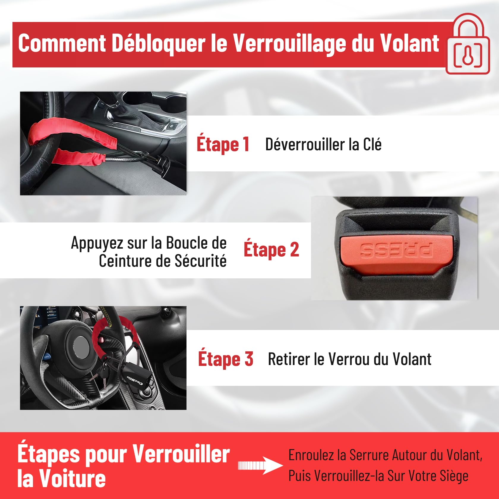 Serrure Antivol Pour Volant De Voiture - Câble Acier Long, 3 Clés, Cylindre Classe B, Dissuasion Visuelle (bleu)