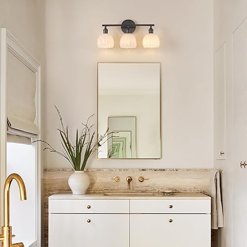 Miniatura 2 de Lámparas de baño, 3 luces negras para tocador de pared con pantalla de cristal de tulipán blanco para dormitorio, sala de estar