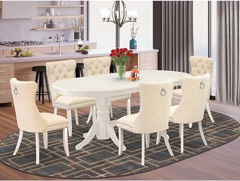 HomeStock Oval Dining Table Set with 6 Chairs - Linen White Kitchen Table & Chair Set