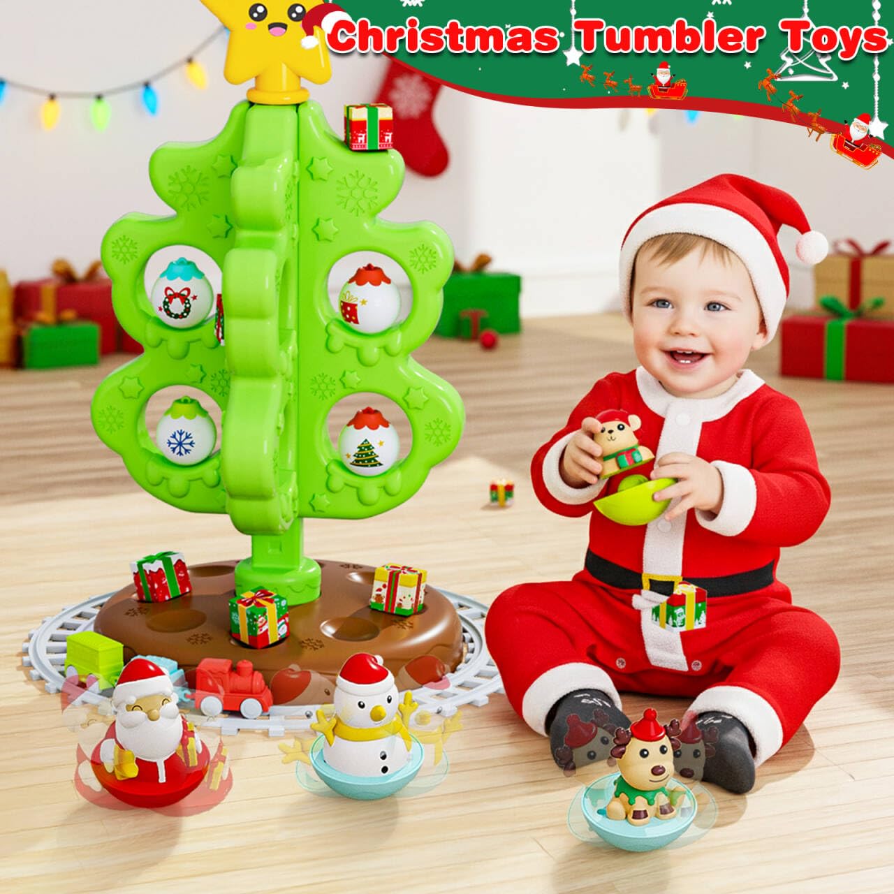 Mio Primo Albero di Natale per Bambini, Giocattolo Montessoriano Musicale con Luci e Decorazioni, Set di Trenini in Miniatura, Giocattoli a Rulli, Burattini da Dito, Regali Natale per Bambini Bambina