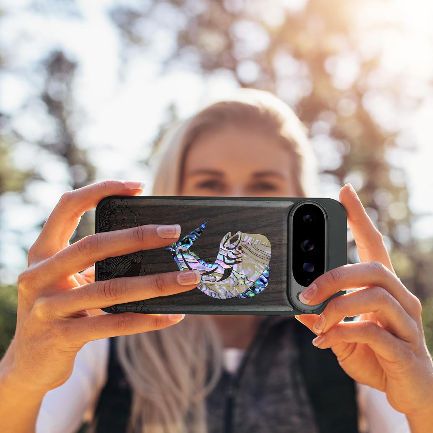 Carveit Magnetic Wooden Case for Pixel 10 / Pixel 10 Pro Case, Wood Artisan Engraved & Handmade Shell Inlaid, Compatible with MagSafe Wireless Chargers, Mahi Mahi - Blackwood