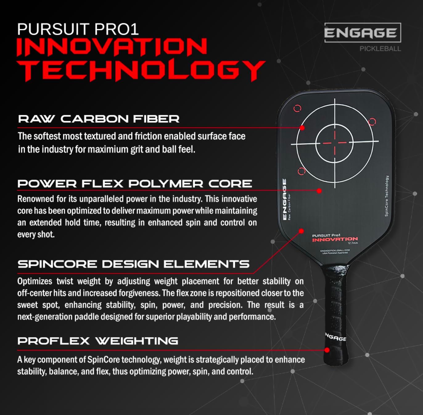 Engage Pursuit Pro1 Pickleball Paddle | Raw Carbon Fiber | Extreme Power, Spin & Dwell Time | Designed for Aggressive Power Players