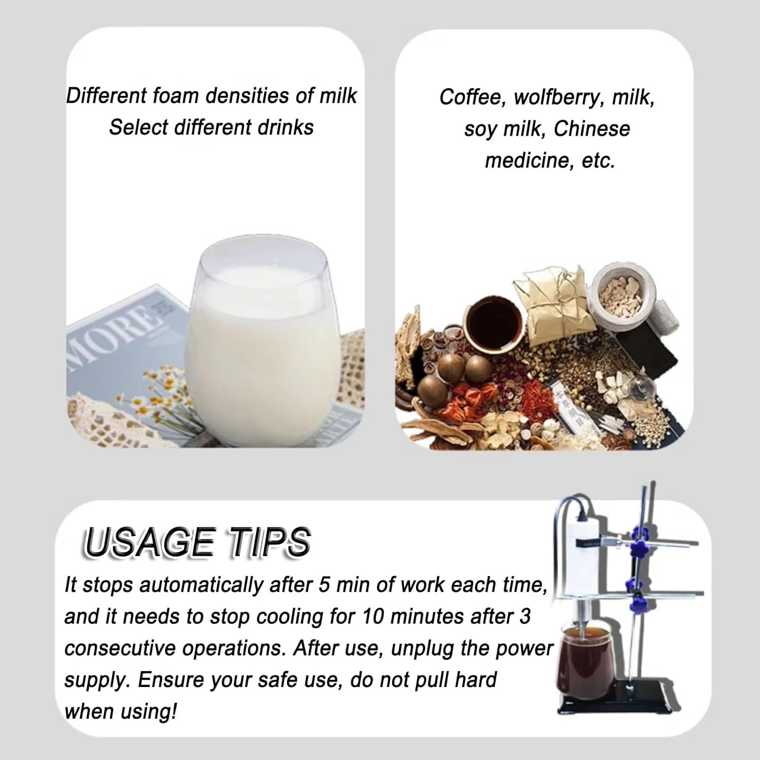 Kleiner Ultraschall-Homogenisator, 250 ml, Ultraschallprozessor, Zelldisruptor-Mixer mit Halterung, einstellbare Höhe, Reinigungszeit 300 Sekunden, for Espresso, Mokka, Cappuccino, Milch, Blumentee