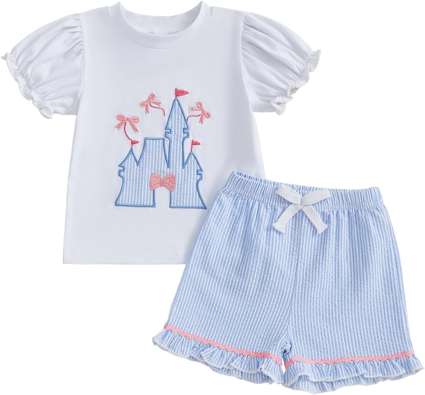 Toddler Baby Girl Summer Clothes Bow Castle T-Shirt Top Plaid Gingham Ruffle Shorts Set Infant Cake Smash Outfit
