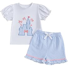 MA&BABY Toddler Girls Summer Outfit Bow Castle Embroidery T-Shirt Birthday Kids Girl Princess Clothes Striped Shorts Set