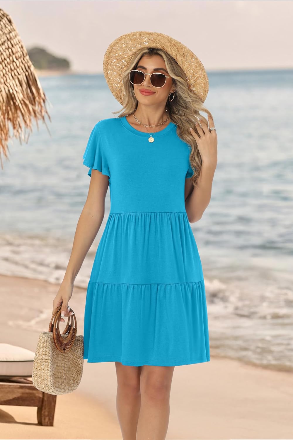 HiMONE Summer Dresses for Women 2025 Vacation Sundresses Ruffle Sleeve Boat Neck with Pockets A Line Casual Dress XS-2XL - Image 3
