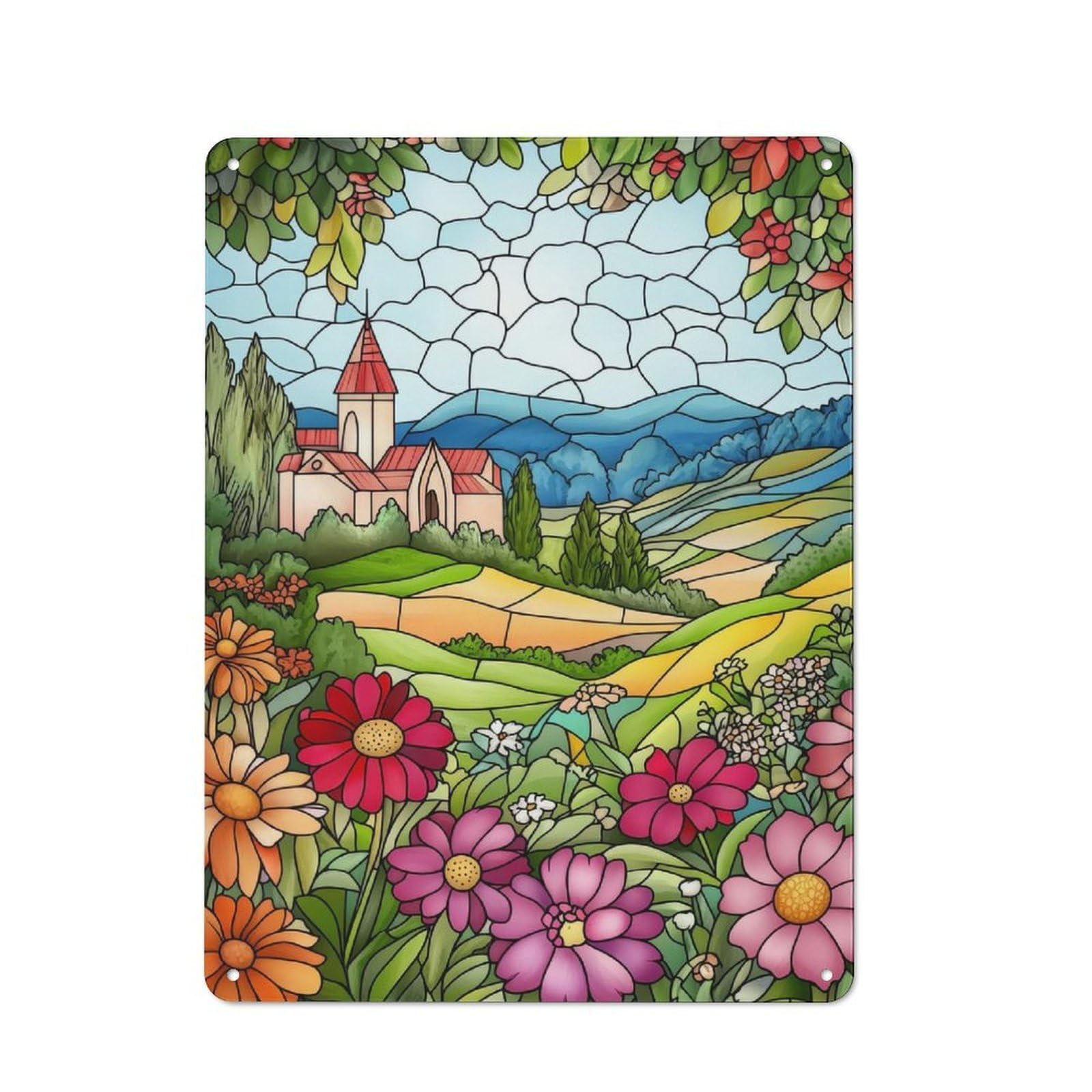 Junmoney Style-9 Stained Glass Countryside Rustic Printed Metal Sign 40X30cm For Garage Or Workshop, For Garage, Workshop And Man Cave Decoration