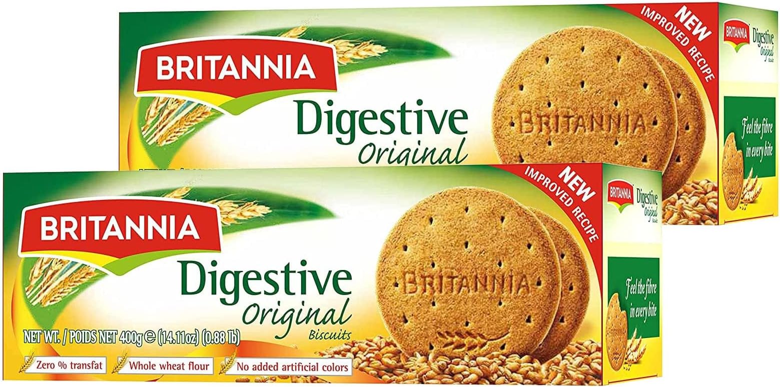 BRITANNIA Digestive Original Biscuits 14.11oz (400g) - Whole Wheat Flavor Cookies - Breakfast & Tea Time Healthy Snacks (Pack of 2)