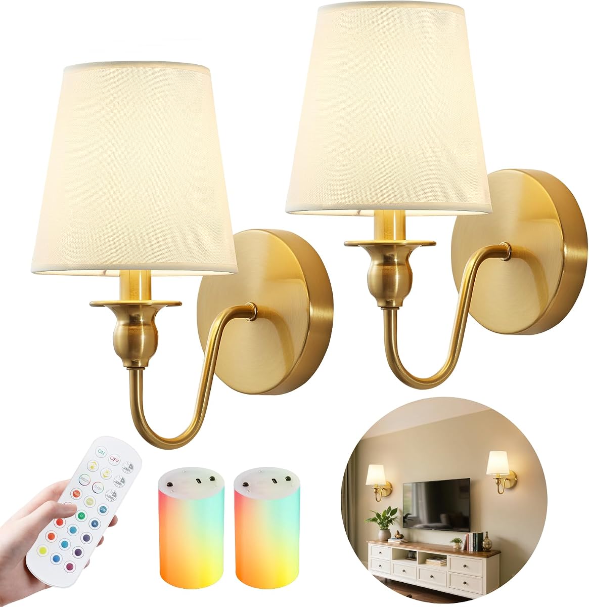 Battery Operated Wall Sconces set of Two,Wireless Wall Sconces with 10000mAh Dimmable Bulb and Remote,LED 15 Colors Rechargeable Gold Wall Sconce with Fabric for Bedroom Living Room Hallway Wall Decor